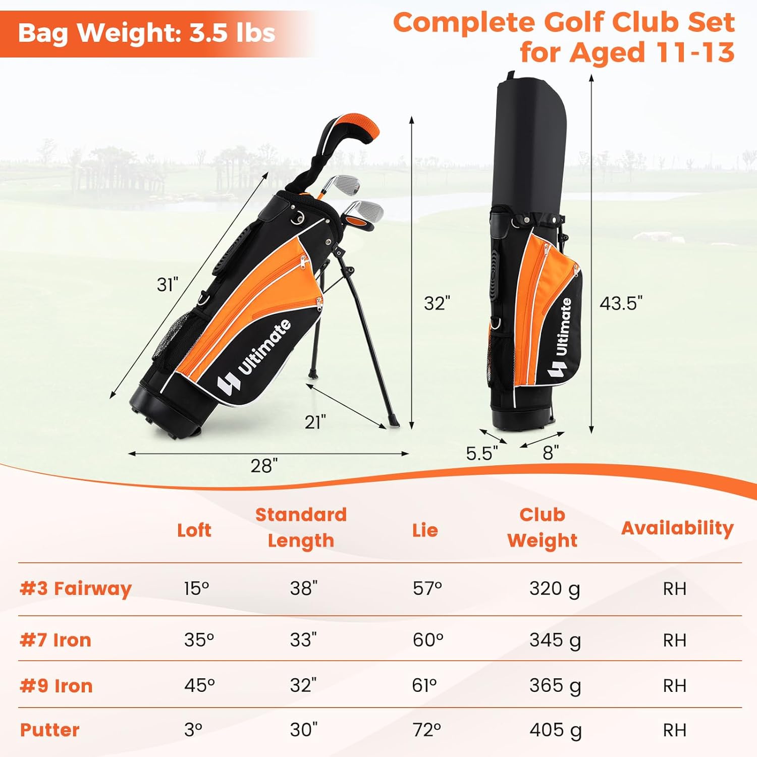 Diagram showing the dimensions of the golf bag and a table with specifications for each club: Loft, Standard Length, Lie, Club Weight, and Availability (RH for Right Hand).