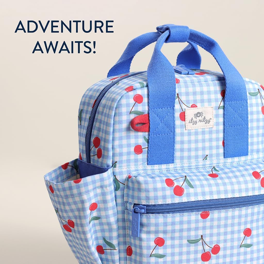 Itzy Ritzy Toddler Backpack - Daycare Bag - Features Adjustable Shoulder Straps, 2 Side Pockets & Spacious Interior with Wipeable Fabric Lining & Name Label, Cherry