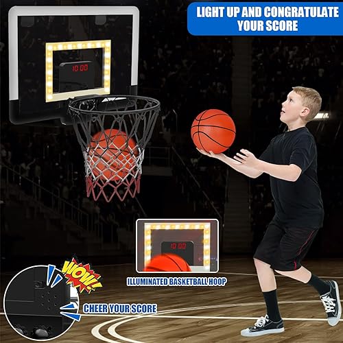 Miniatura 2 de Hitish Mini aro de baloncesto para interiores con marcador y luz LED, brilla en la oscuridad sobre la puerta, aro de baloncesto para niños,