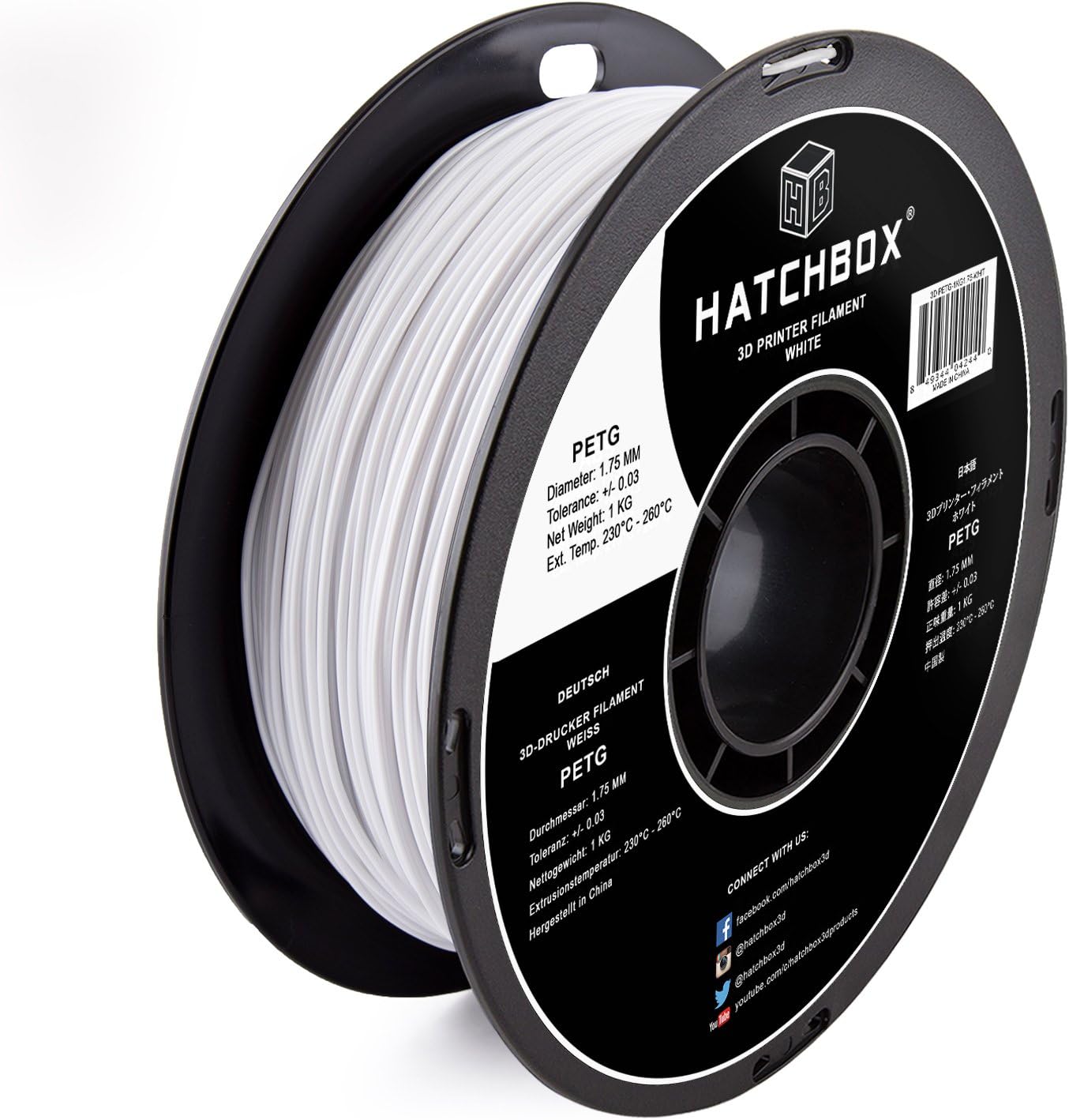 HATCHBOXPETG 3D Printer Filament, Dimensional Accuracy +/- 0.03 mm, 1 kg Spool, 1.75 mm, White