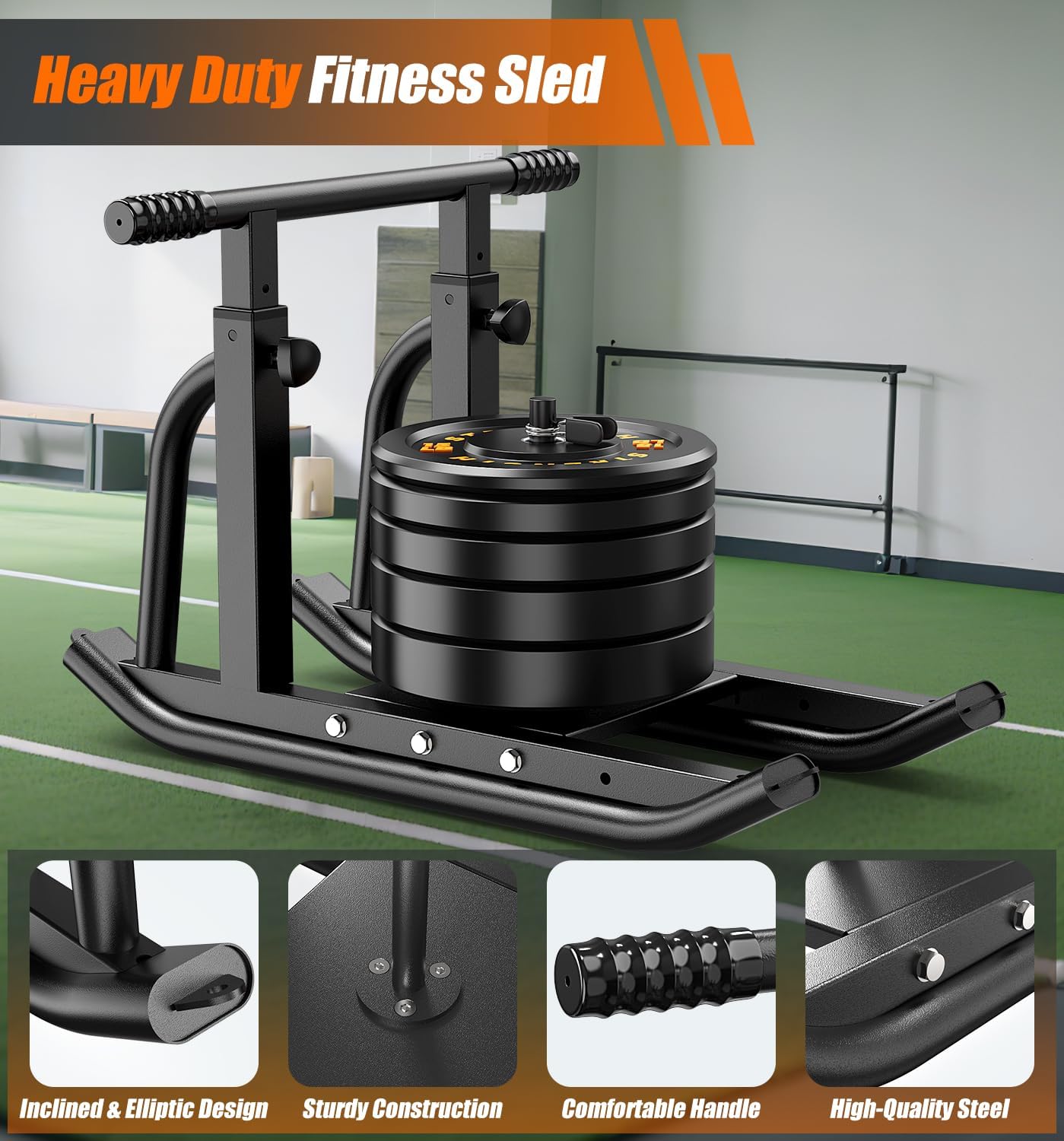 Weight Sled, Heavy-Duty Push Pull Sled, Adjustable Height Handle, Workout Fitness Sled for Training- Running Speed, Agility, Soccer, Football, Strength, Crossfit- Suitable for 1" & 2" Plates