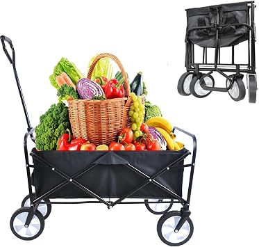 Folding Wagon Collapsible Beach Cart Heavy Duty Utility Garden Carts Foldable Grocery Outdoor Carts, 150LBS Weight Capacity with Big All-Terrain Wheels for Travel Camping Picnic Use Black