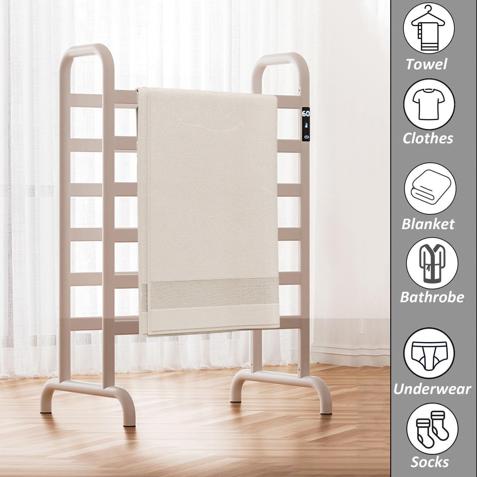 Scaldasalviette Elettrico a Riscaldamento rapido, Bianco, con Spina, per la casa, Indipendente, con Timer.