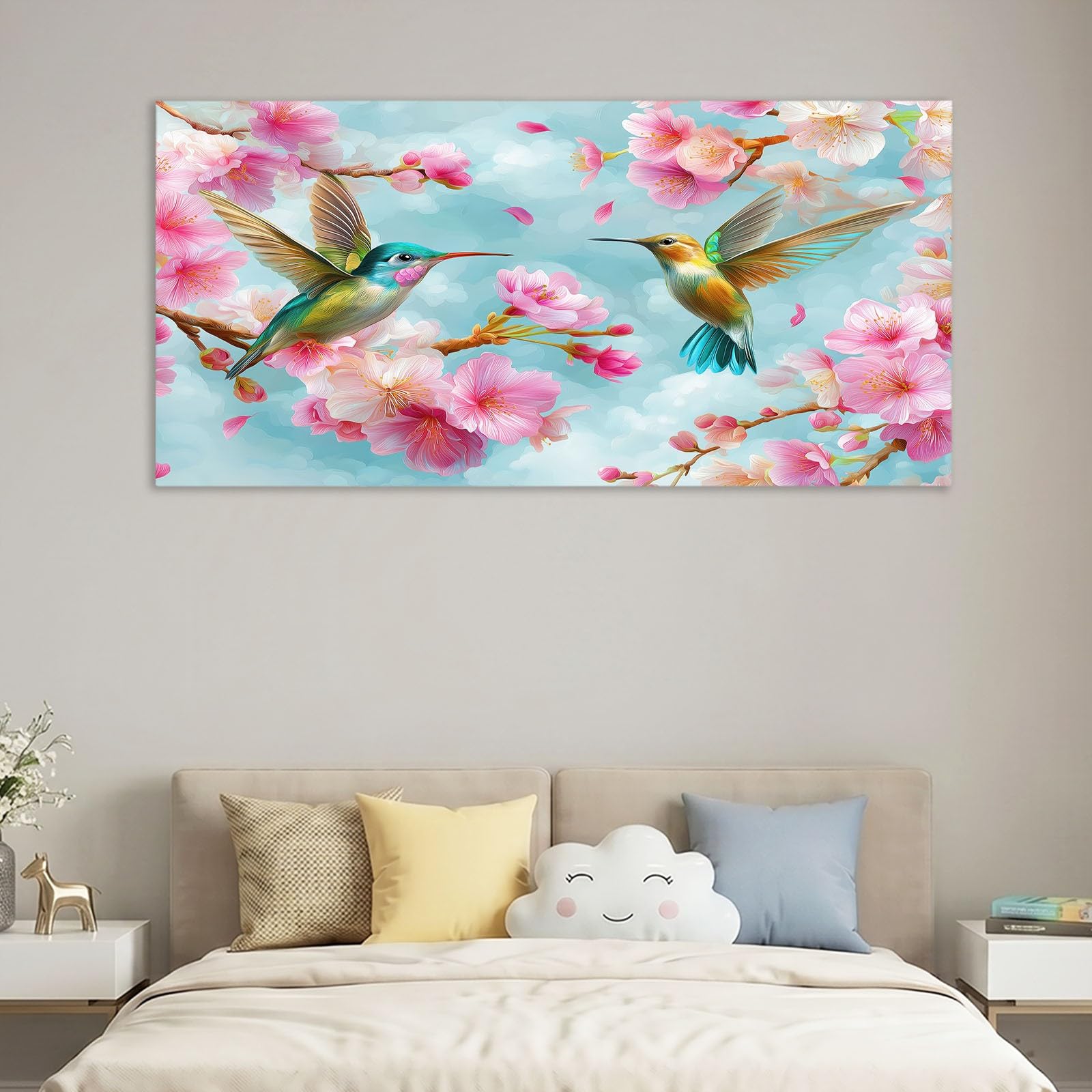 Sztuka ścienna na płótnie do salonu, sypialni, biura, kuchni, 120 x 60 cm, plakat akwarelowy, druk na płótnie, obraz, zielony, kwiatowy gałąź, koliber, grafika, dekoracja domu, obrazy