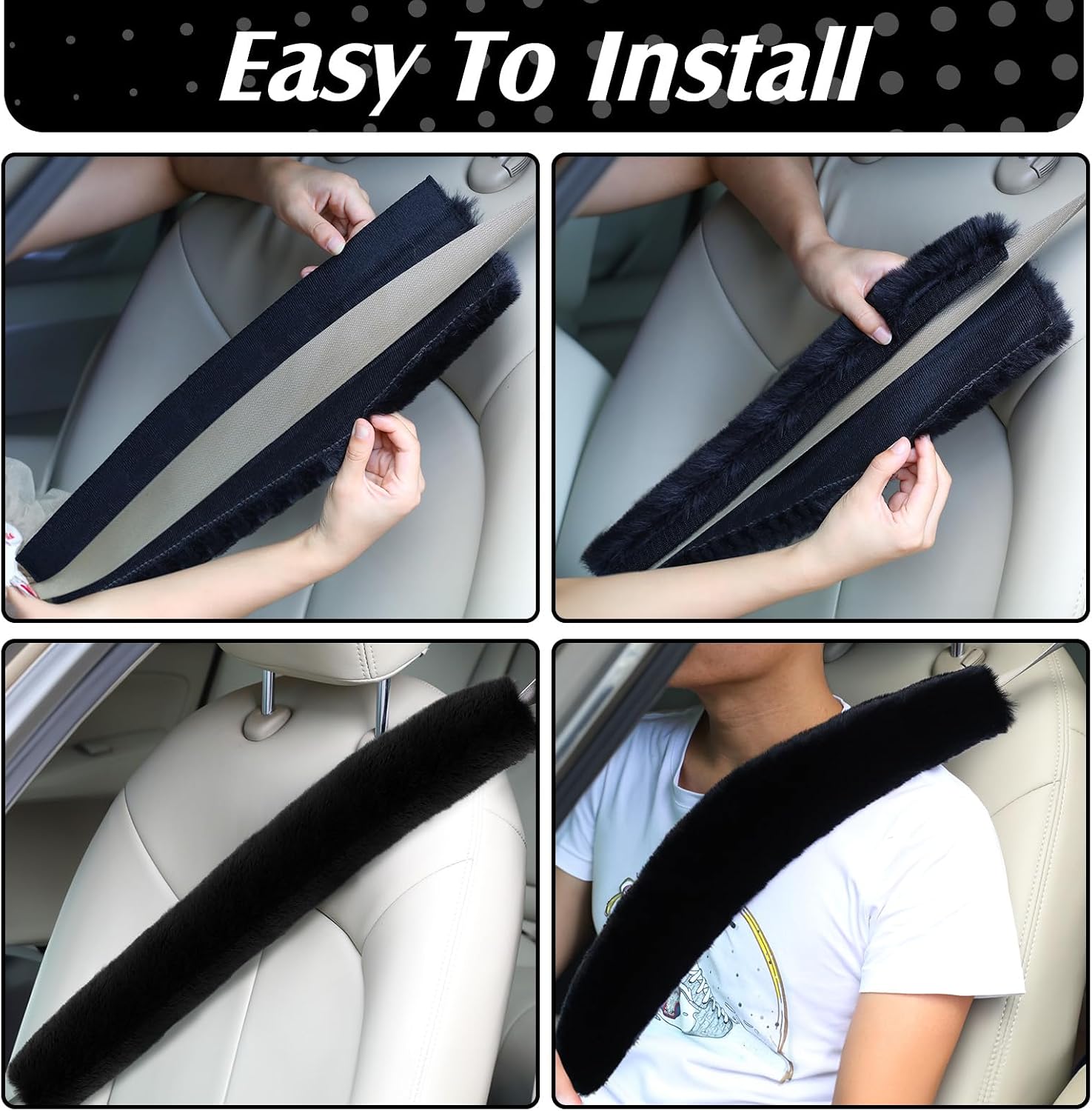 Boao 4 Pack Faux Sheepskin Car Seat Belt Pads Seatbelt Protector Soft Seat Belt Shoulder Strap Cover Comfort Harness Pad(Black, 25.5 Inch)