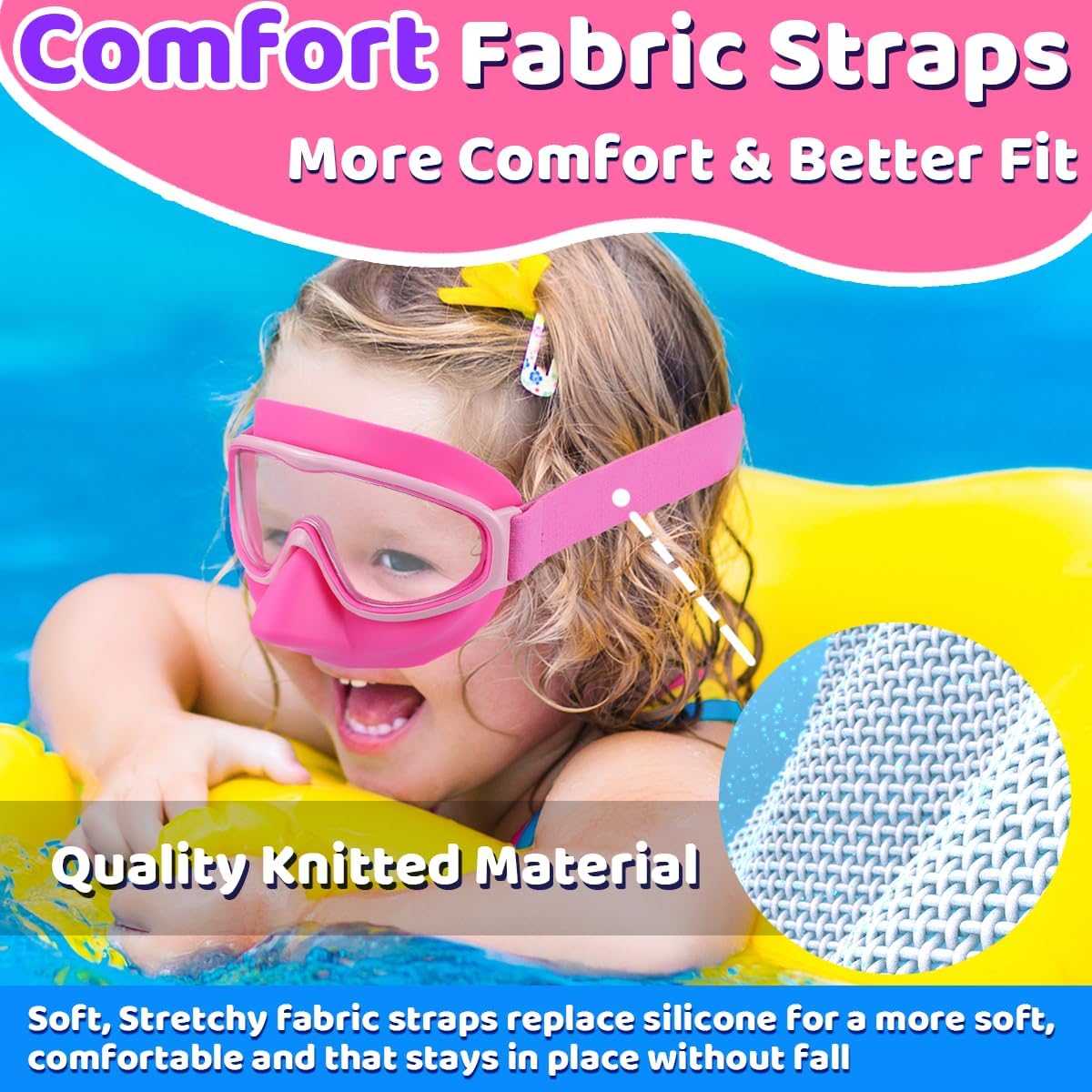 Vvinca Swim Goggles with Nose Cover, Fabric Strap Toddler Kids Swimming Goggles Diving Mask Anti-Fog/UV No Leak for Age 3-15