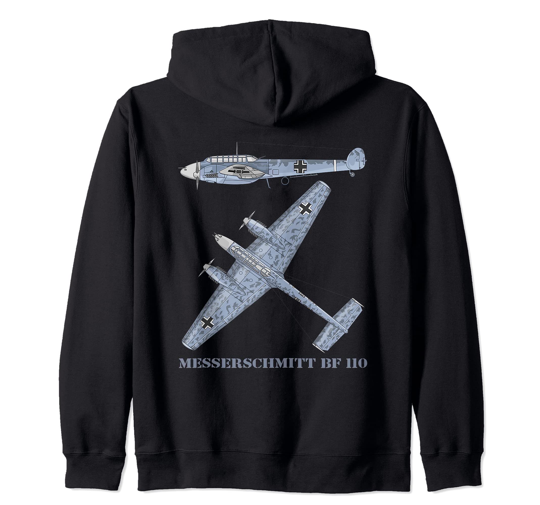 Messerschmitt Bf 110 German WW2 Fighter Bomber Plane Diagram Zip Hoodie, Black