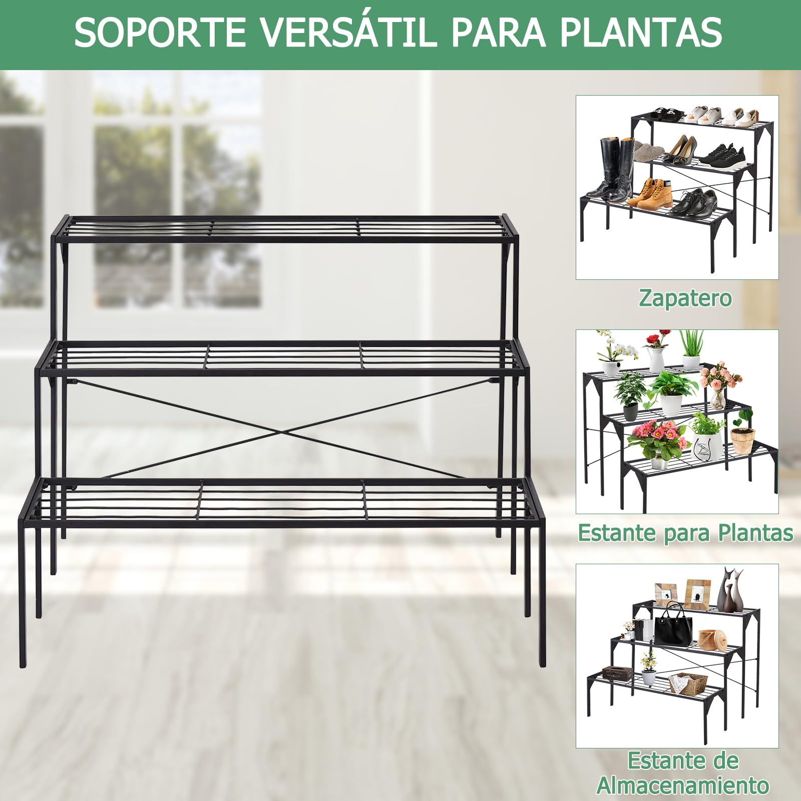 GOPLUS Estantería de Metal para Macetas, Estantería Escalera Decorativa para Plantas con 3 Niveles en Interior y Exterior, Soporte Rectangular de Almacenamiento de Macetas en Patio, Terraza, Negro