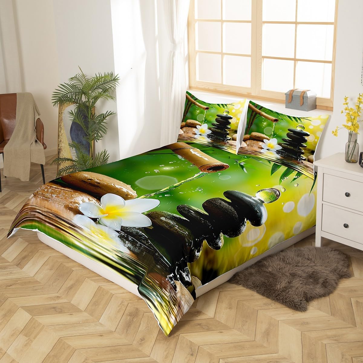 Green Bamboo Fountain Bedding Set Queen,Zen Stones Comforter Cover for Boys Girls,Kids Spa Still Life Duvet Cover Natural Meditation Bedspread Cover Teens Bedroom Decor Bed Collection(No Comforter)