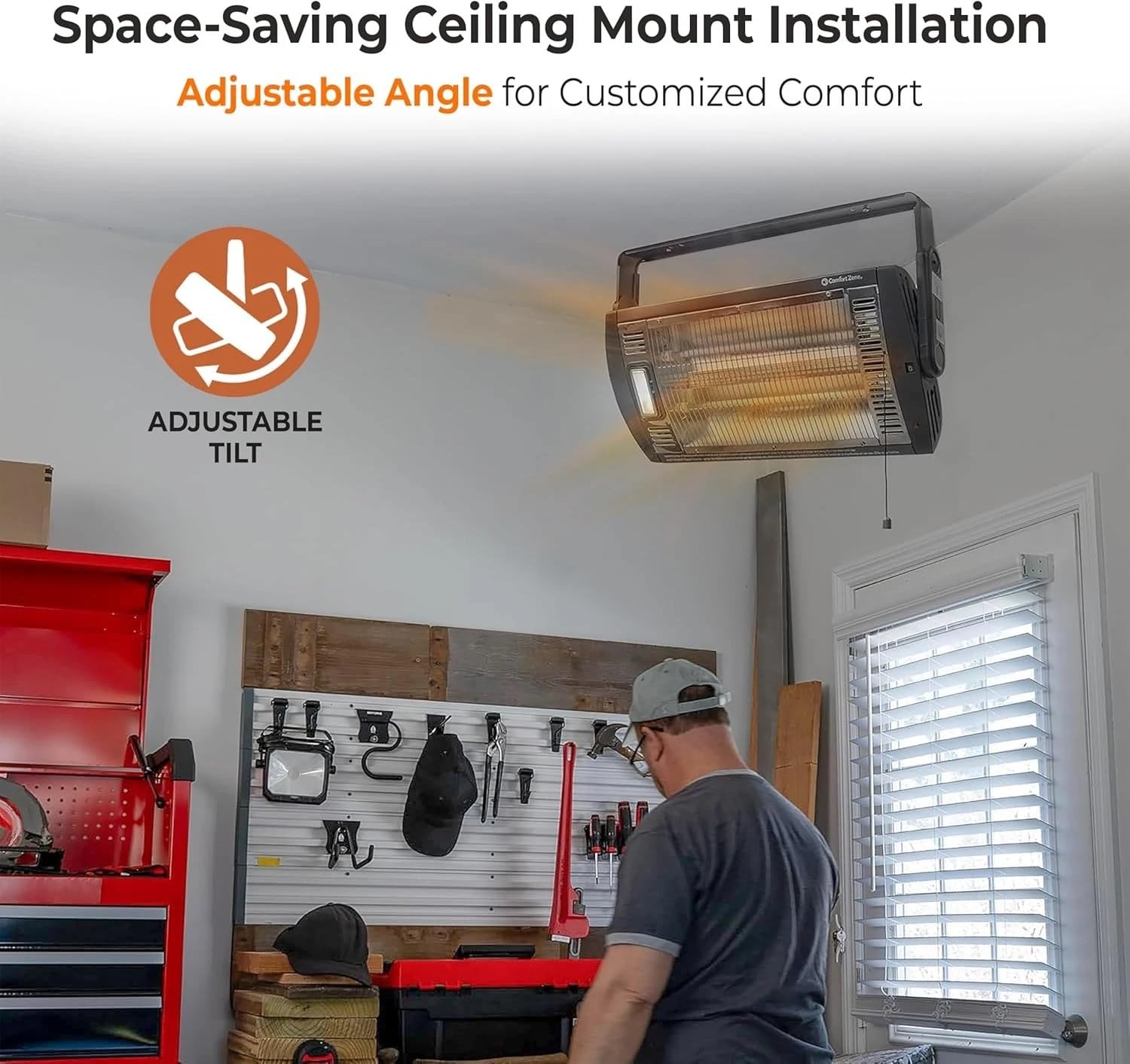 Comfort Zone 1500W Ceiling Mounted Dual Quartz Radiant Heater Infrared Workshop Heater with 90 Adjustable Tilt Built-in Halogen Light & Pull String Control Overheat Protection Black product thumbnail 6