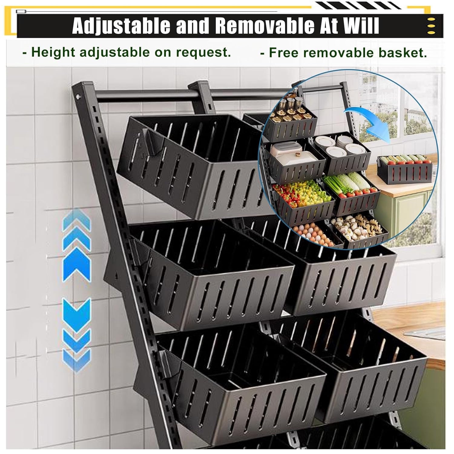 Snack Vegetable Fruit Display Organizer Produce Basket Set Shelf for Kitchen Retail Store Supermarket Garage, 4 Tier Retail Display Rack Market Shelf with 8 Baskets(White)
