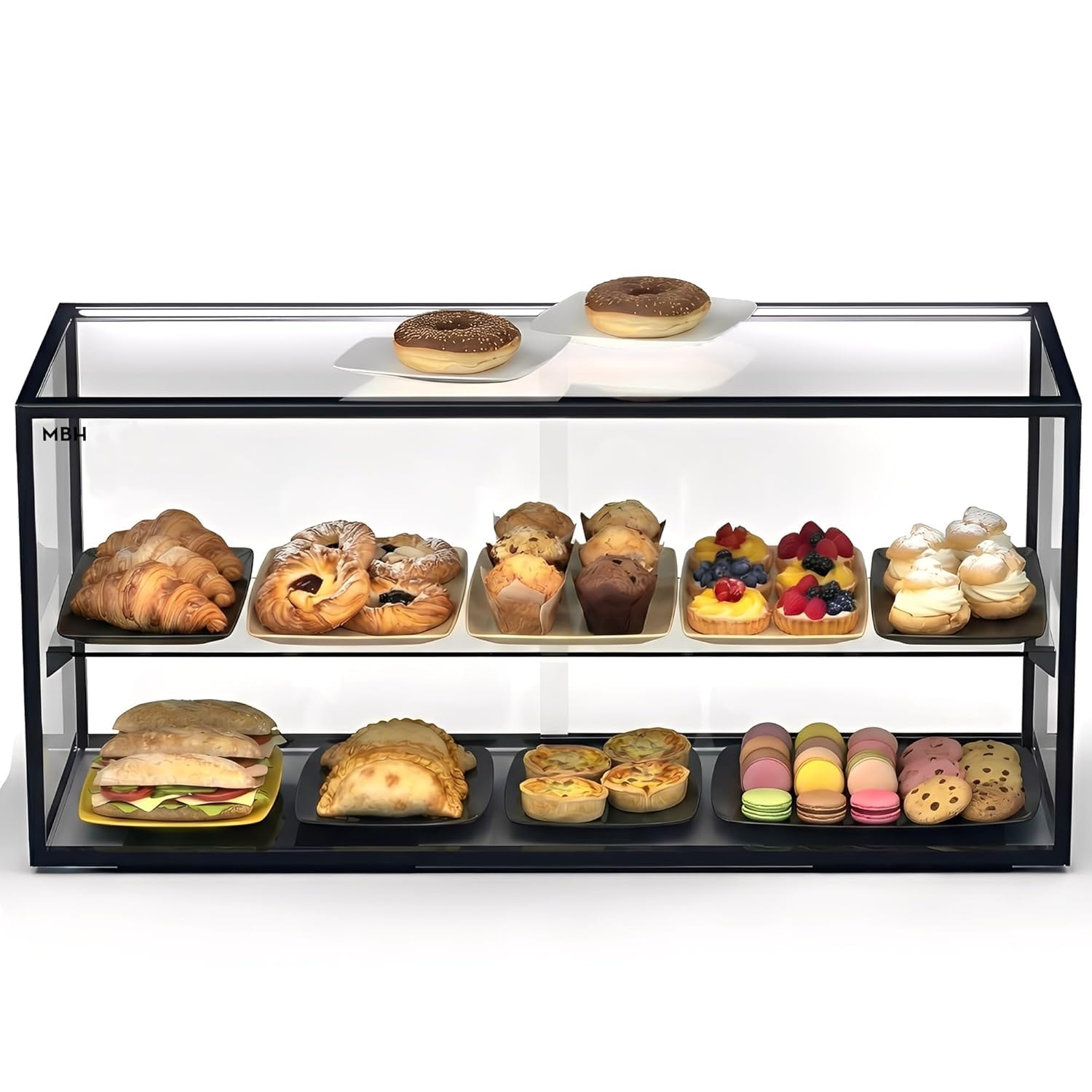 MBH - Vitrine neutre de comptoir 92x39 cm, vitrage droit trempé, 2 niveaux, avec éclairage LED, portes arrière coulissantes, pour bar, café, restaurant, viennoiseries et pâtisserie.
