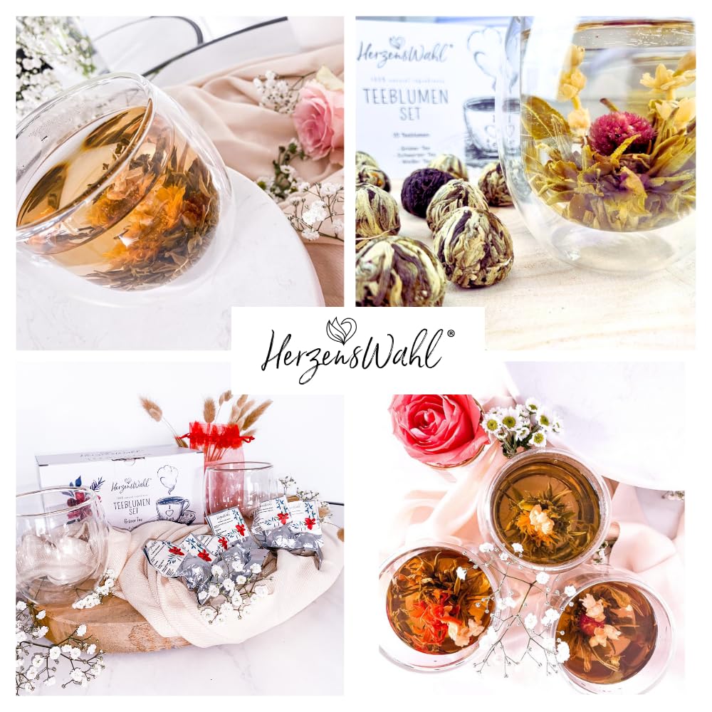 HerzensWahl Teeblumen Geschenkset | 6x Teeblumen, 2x Teetassen & Geschenkbox | Erblühtee | Teerosen Probierset | Grüner Tee & Teegläser Set für Teeliebhaber