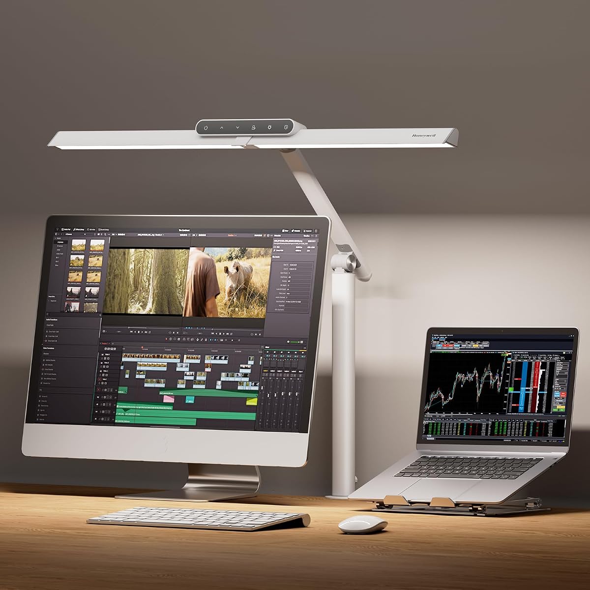 Lámpara de escritorio con abrazadera LED Honeywell HJ1 Sunturalux 1200LM para computadora | CRI≥97, 4 temperaturas de color, cuidado de la vista, lámpara de trabajo de arquitecto para banco de trabajo, lectura, blanco