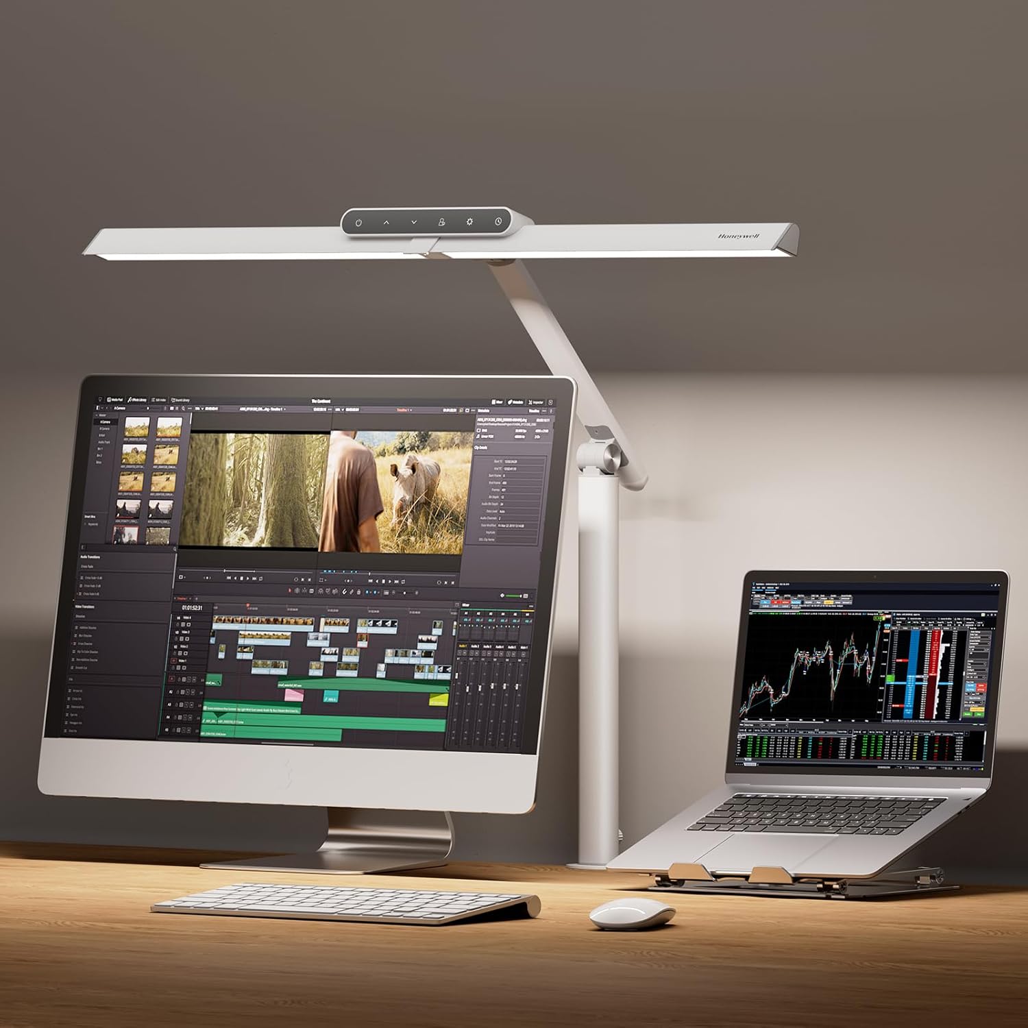 Honeywell LED Desk Lamp with Clamp - HJ1 Sunturalux Eye-Caring Clip on Lights for Home Office, 1200LM Clamp Lamp 4 Color Modes Stepless Dimming Task Desk Light for Working White