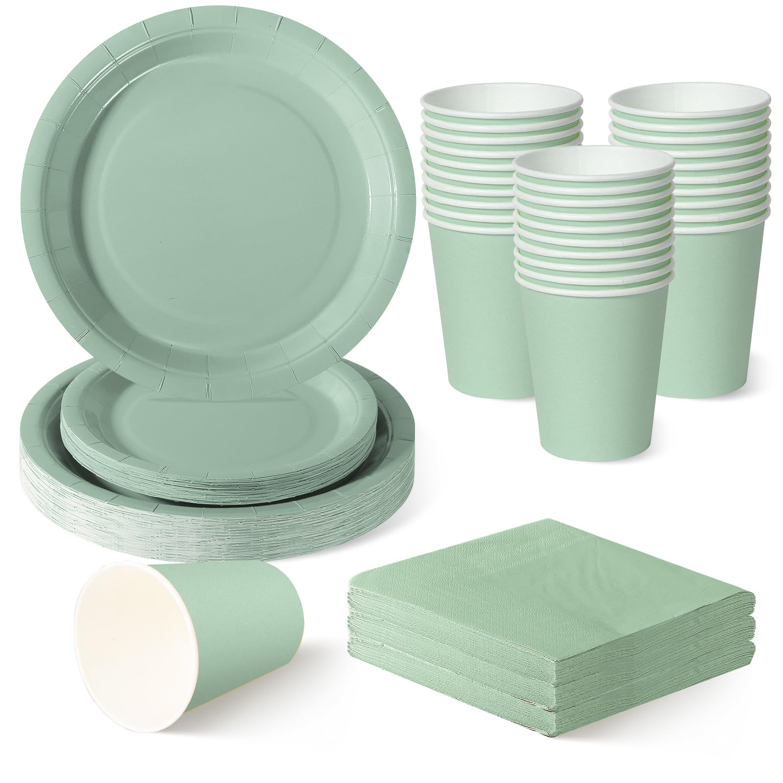 ZblPyro Sage Green Party Tableware Set for 30 Guests | A Set of 120 pcs Includes 9" & 7" Round Paper Plates, Paper Cups & Napkins | Elegant Boho Wedding, Garden Party & Eco-Friendly Celebration — image 1