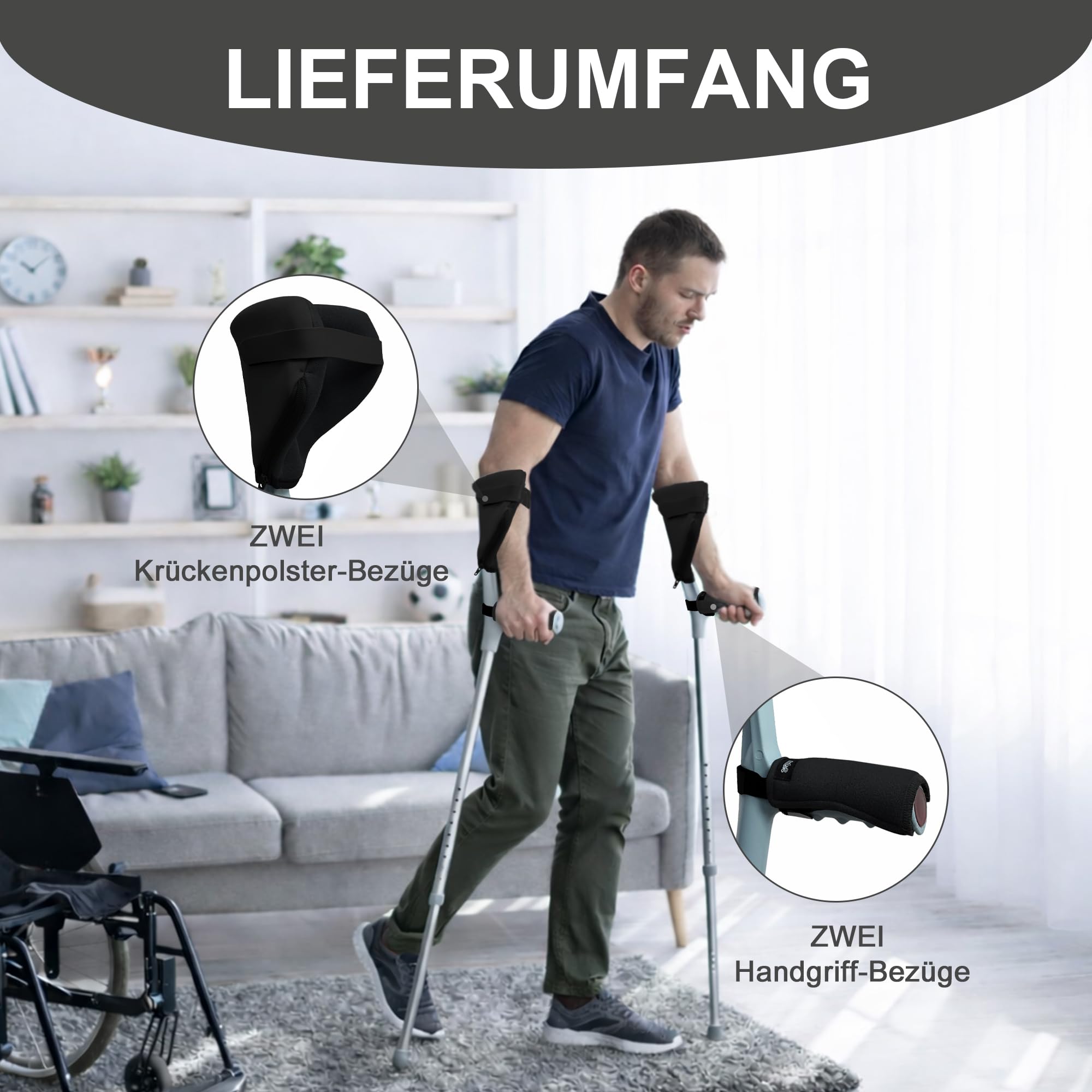 SPRING SEAON krücken griffpolster – Pads für Gehstützen 4er-Set, Unterarmgehstützen-Polster für offene Manschette, rutschfeste Handgriff-Bezüge mit verstellbaren Klettgurten, atmungsaktiv & waschbar