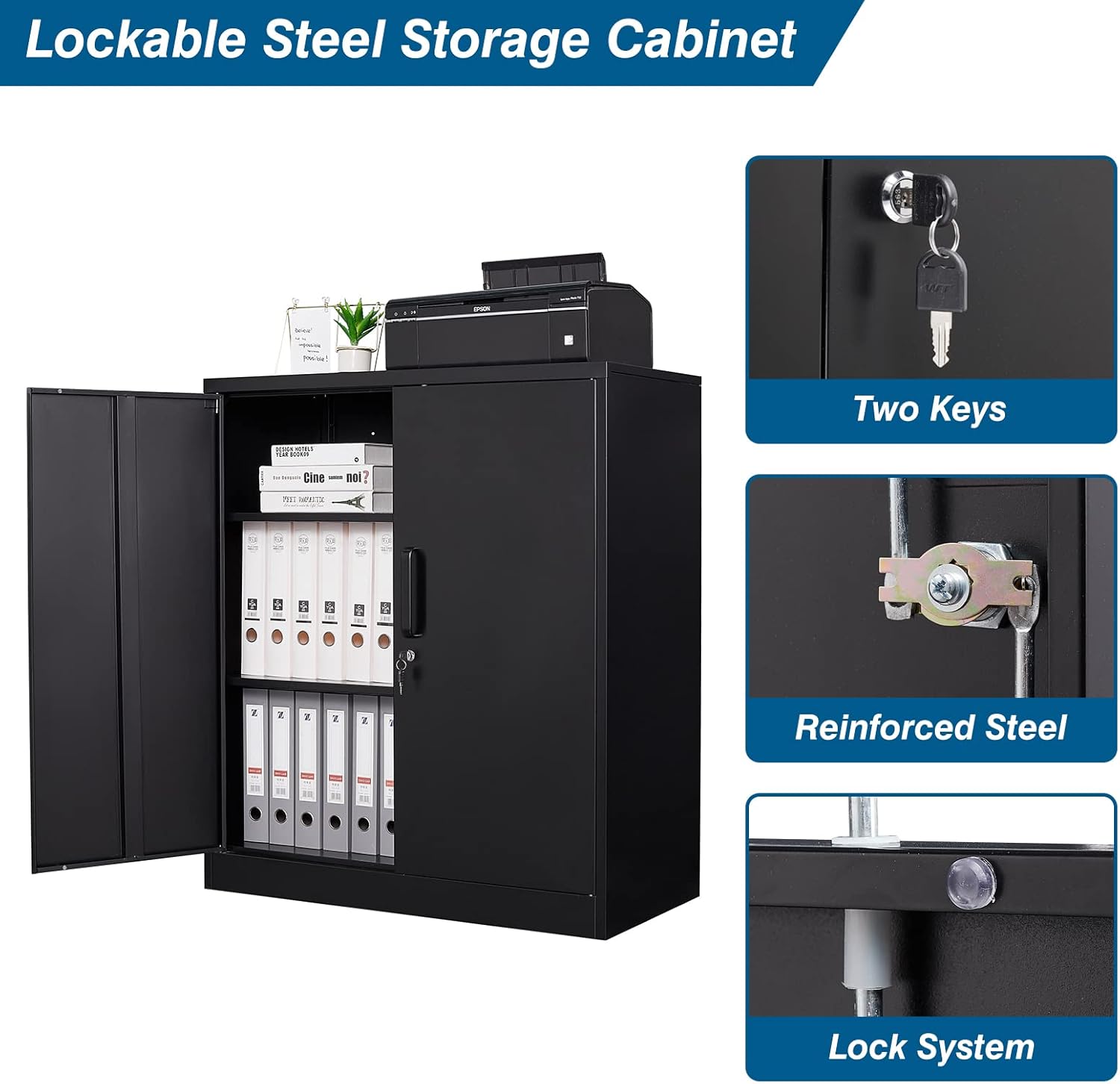 Metal Storage Cabinet with Lock, 36" Small Steel Locker Storage Cabinets, 2 Adjustable Shelves 2 Doors for Home, Office, Garage and Kitchen (Black)