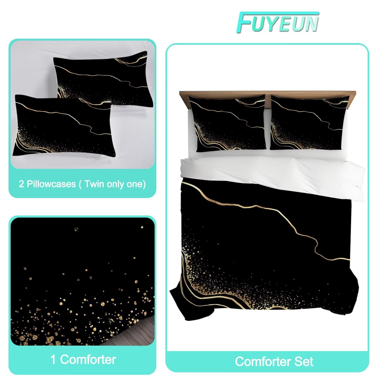 FUYEUN Marble Comforter Set Full/Queen Size Black and Gold Bedding for Girls Teen Women Men Bedroom Decor Texture Luxury Marbling Quilt Bed Sets, 1 Comforter 2 Pillowcases