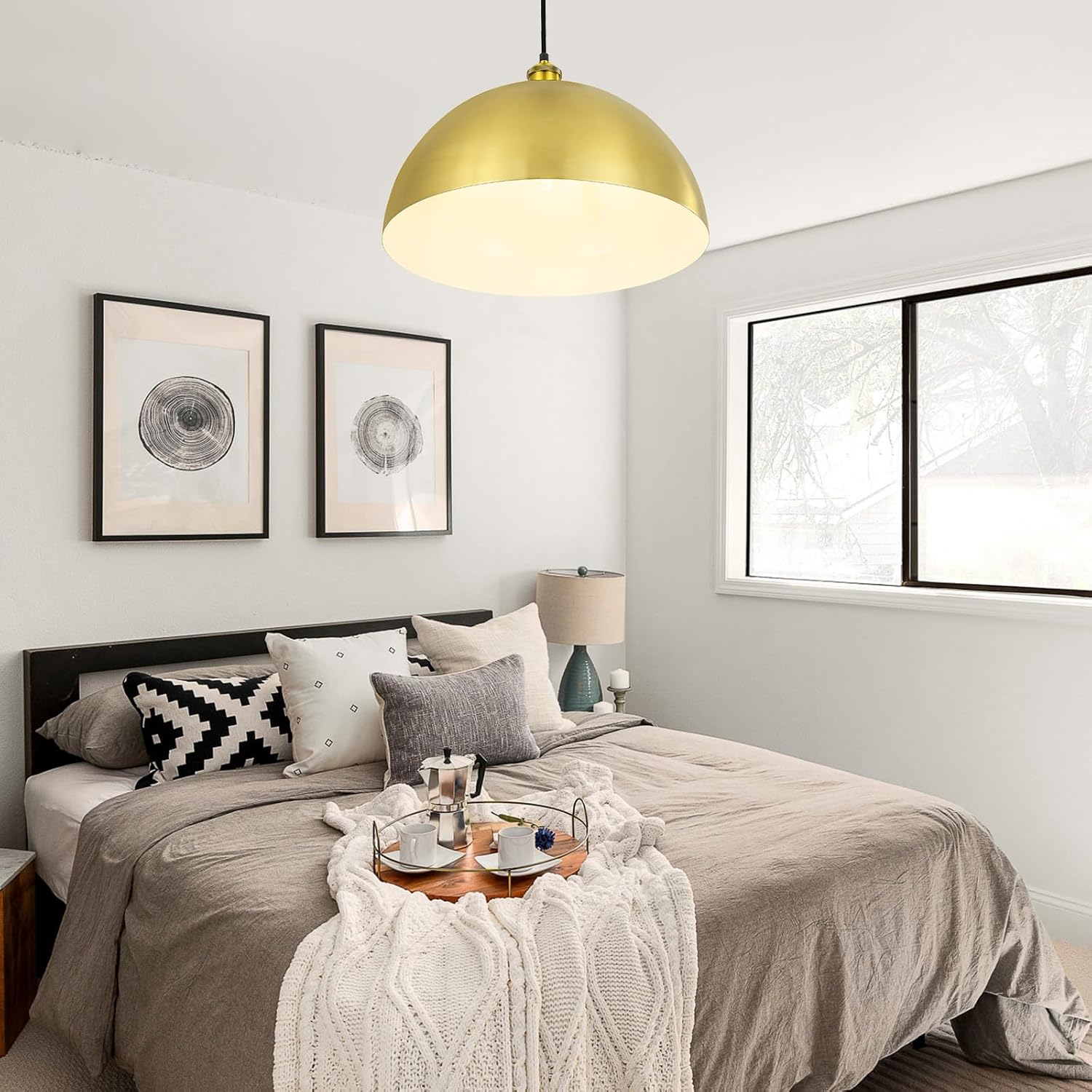 Gold Pendant Light, 16" Farmhouse Ceiling Light with Gold and White, Elegant Semi-Circular Shade Design, Adjustable Height Industrial Dome Pendant Lights for Kitchen Island, Dining Room