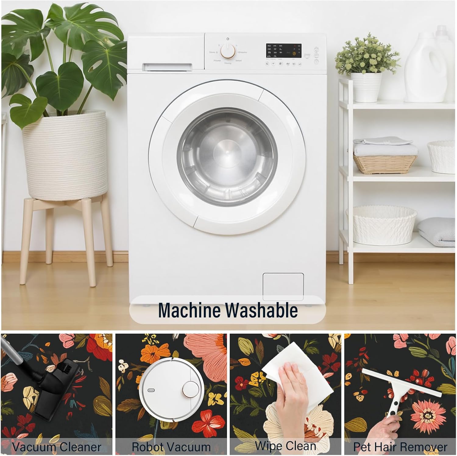 Floral Round Area Rug 5ft,Machine Washable Black Vintage Boho Flowers Leaf Neutral Round Rug Non-Slip Circle Rugs Low-Pile,Indoor Floor Carpet Mat for Living Room Bedroom Kitchen Dining Entryway