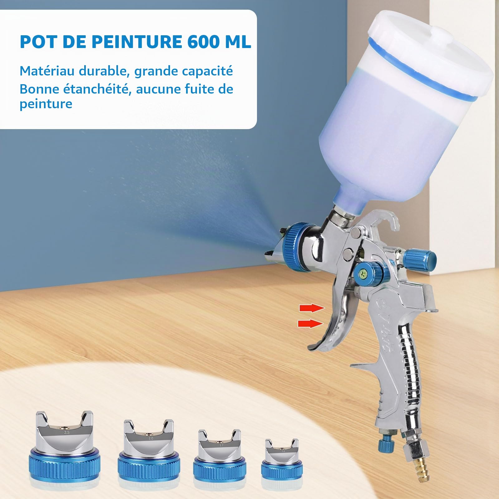 DBREAKS HVLP Pistolet à Peinture 1,4/1,7/2,0/2,5 mm, Pistolet à Air, Bleu