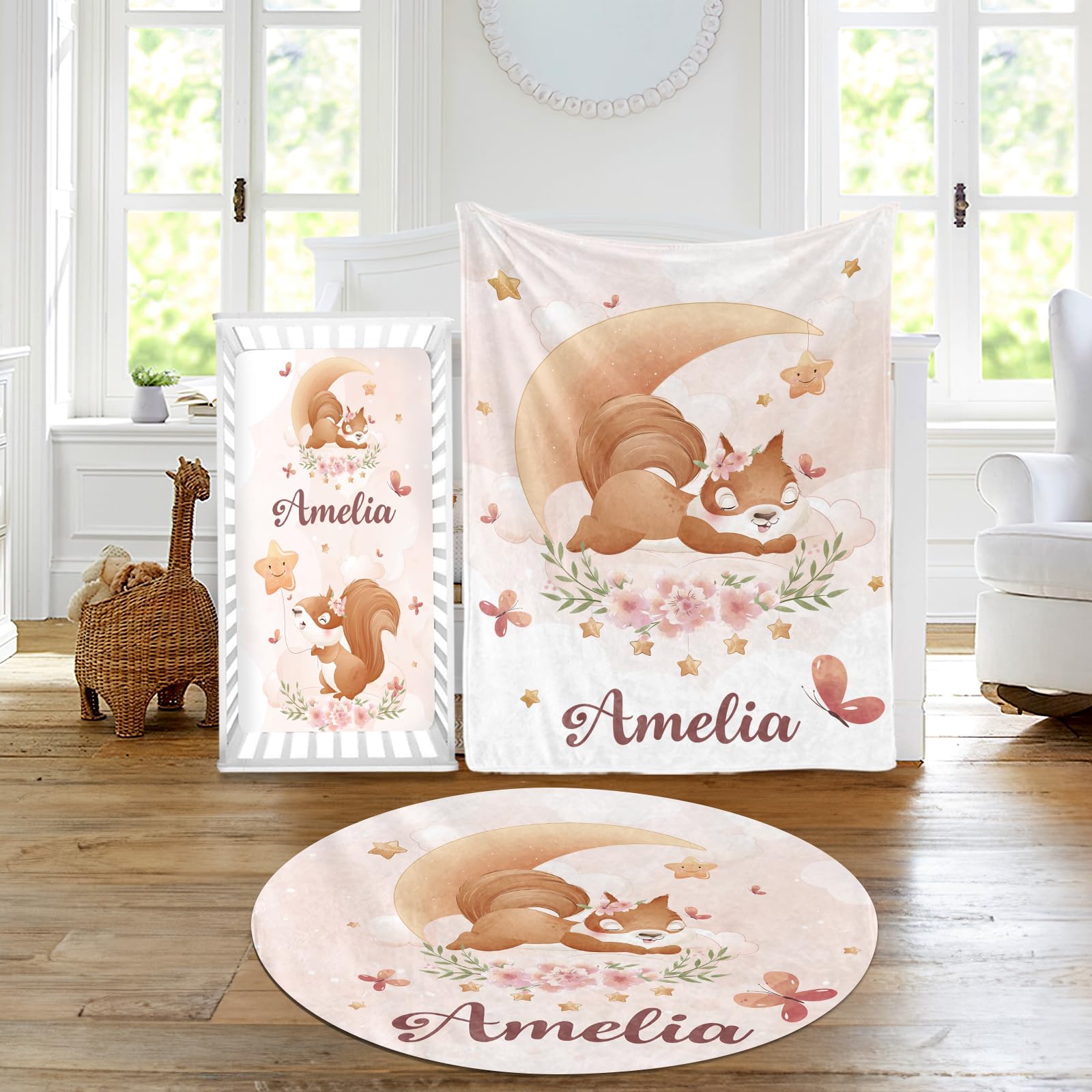 Parure de lit bébé personnalisée écureuil : cadeau de naissance chic pour fille et garçon