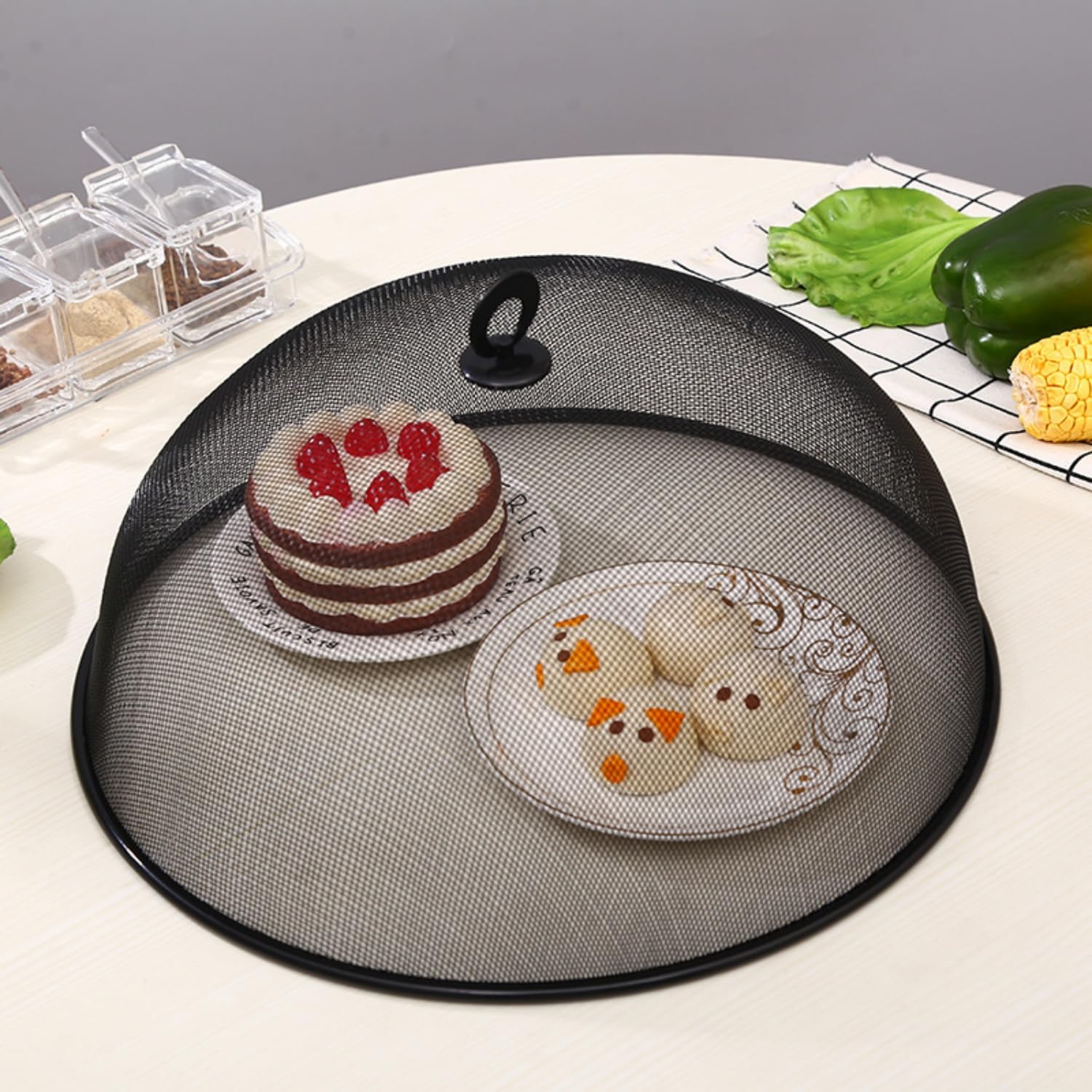 Copertura rotonda per alimenti, in rete metallica, riutilizzabile, protezione per alimenti, a cupola, copertura per alimenti, tende da picnic, copertura per torte, per cucina, cibo, verdure (nero, 30