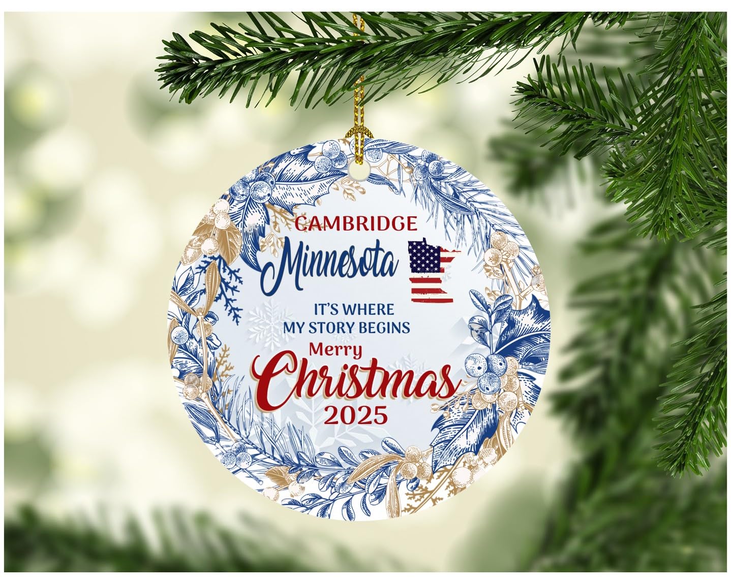Christmas Ornament Tree 2025 Gift Cambridge Minnesota Ornaments It's Where My Story Begins Cambridge MN Hometown State Gift Xmas Decoration Rustic Holidays 3"