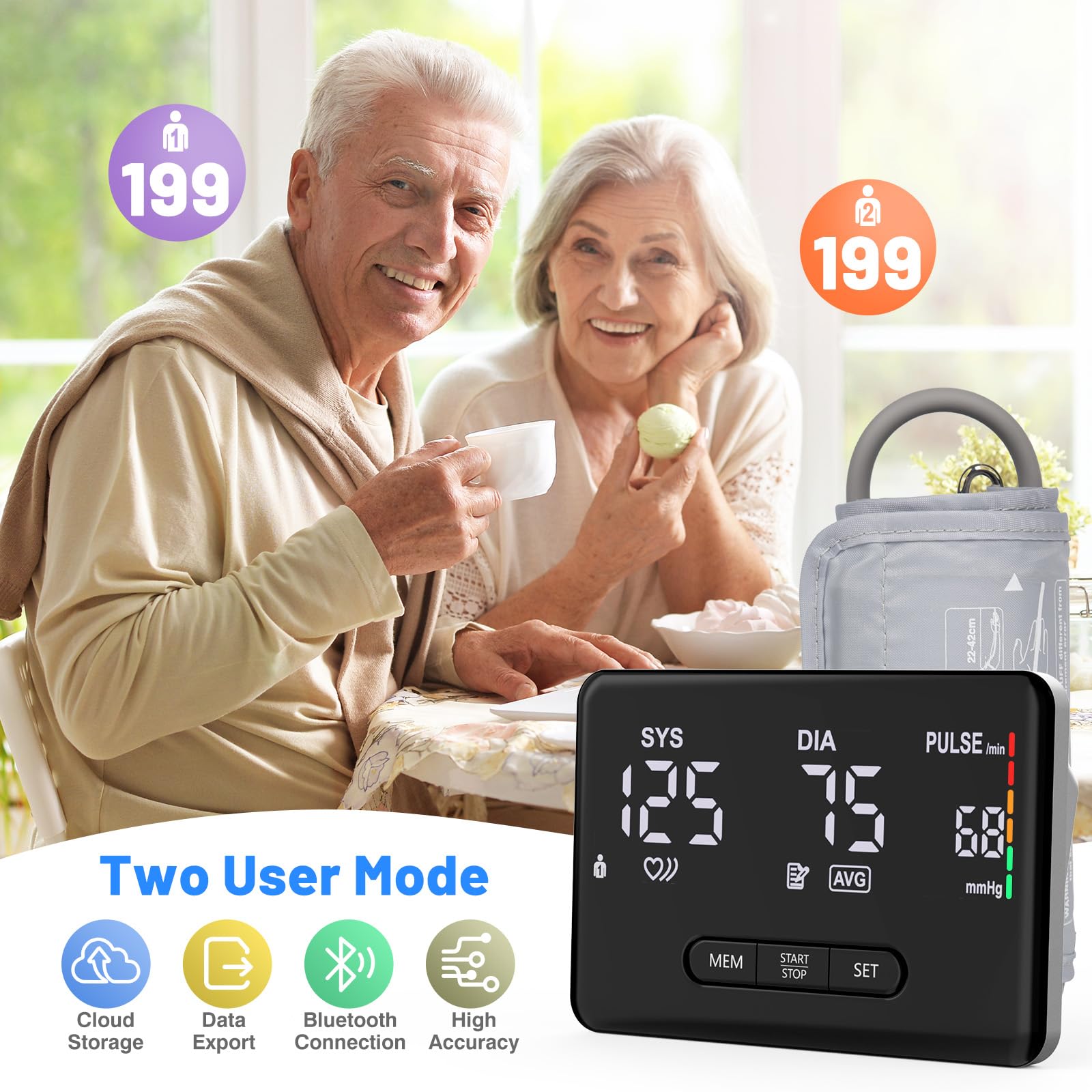 Smart Blood Pressure Monitor for Home Use, Bluetooth Upper Arm BP Machine with Large Cuff 8.66-16.54”, Accurate Digital Monitors 2x199 Readout, 6.89 inch Backlit LED Screen, Work with APP