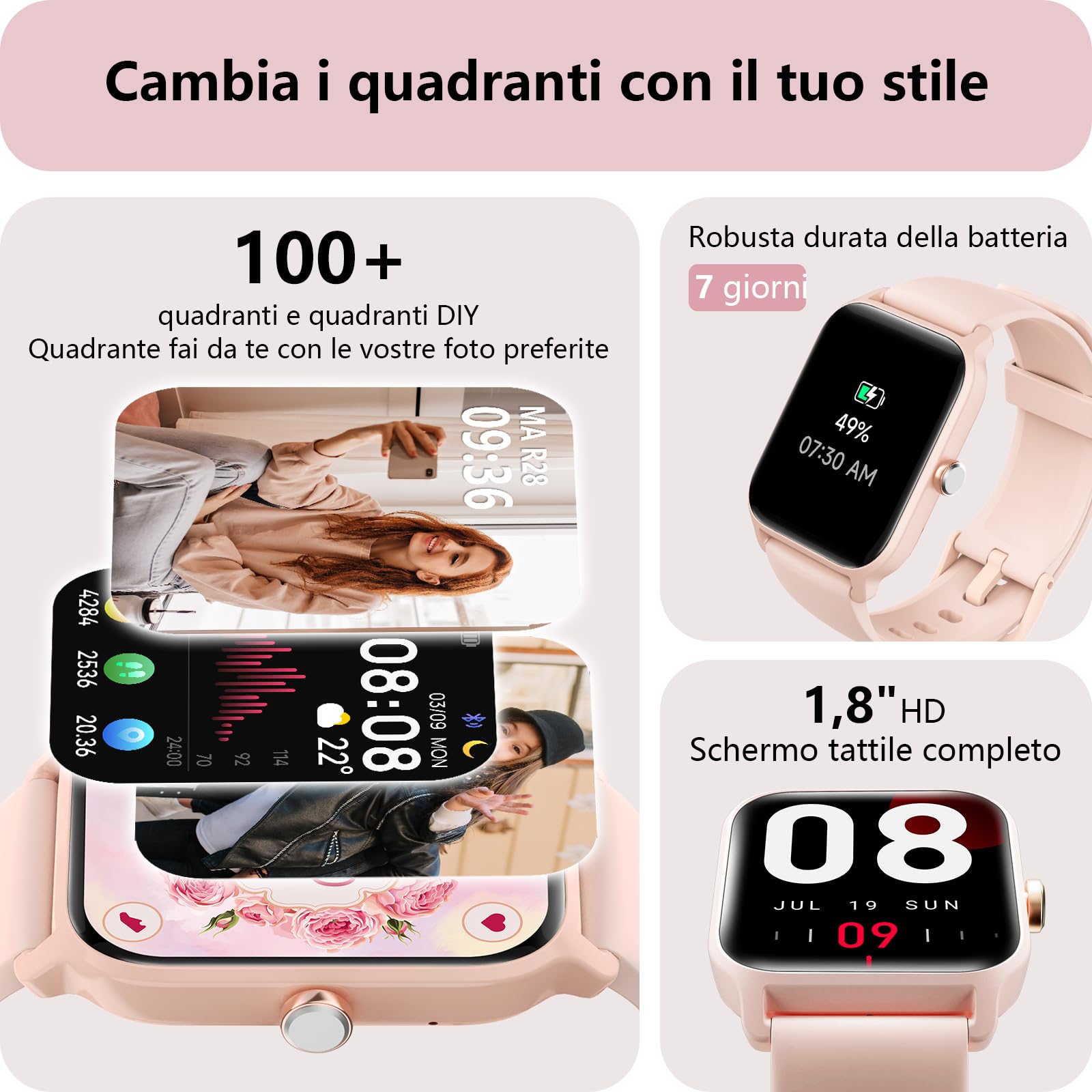 Smartwatch Donna Rispondi/Effettua Chiamate e Alexa, 1.8" Orologio Smartwatch SpO2/Frequenza Cardiaca/Sonno/Stress, Contacalorie/Passi/Distanza, 120 Modalità Sport, Orologio Fitness IP68 Regalo Donna