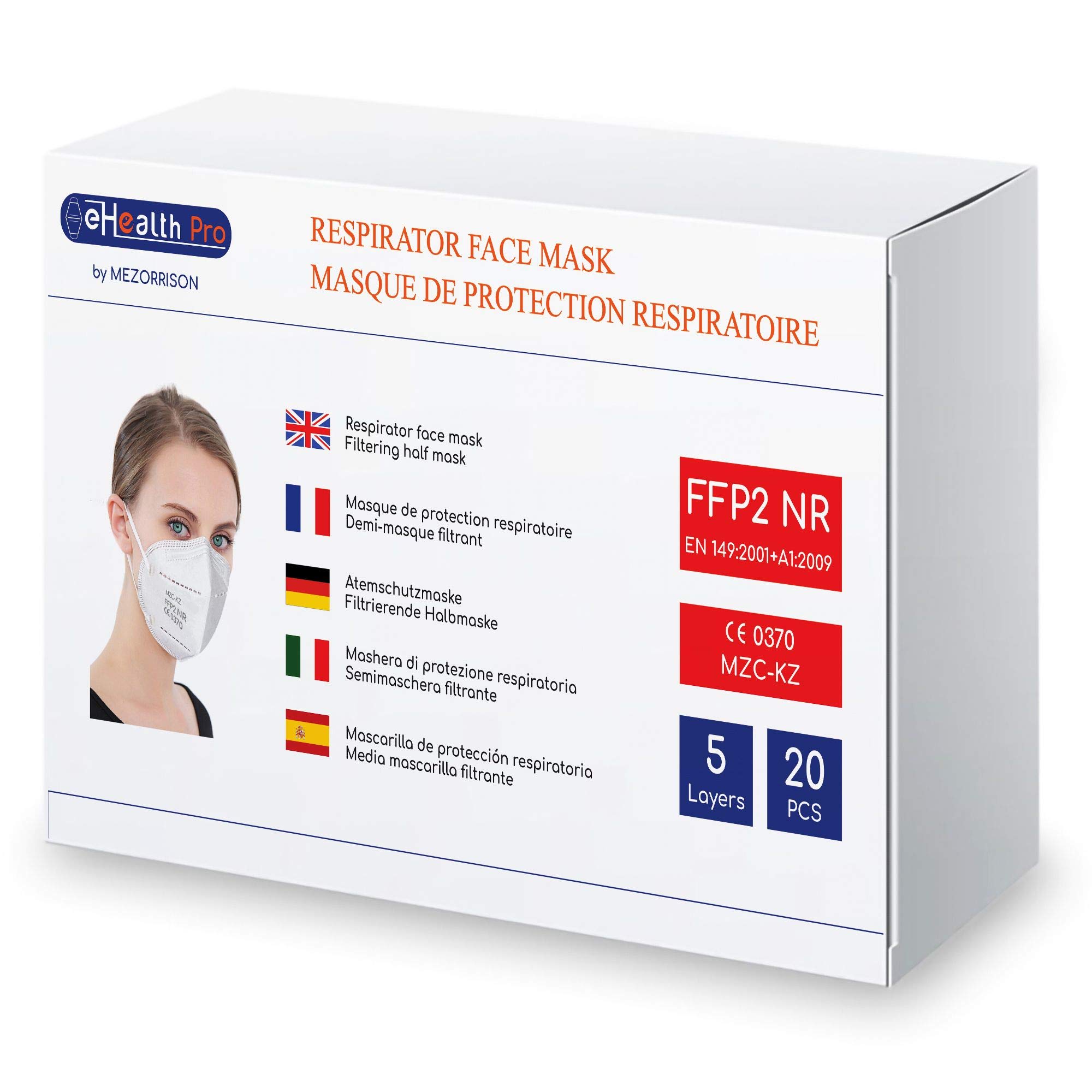 Pacco x100 Mascherine respiratorie Protezione FFP2 NR monouso, 5 STRATI, testate e certificate CE EN149 da un Oragnismo Notificato (Notified Body), EFB > 94%, x5 scatole di 20 pezzi