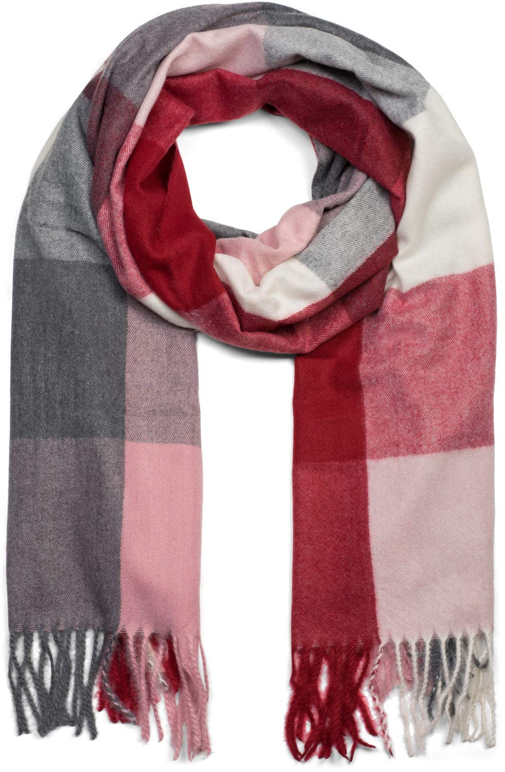 Stylebreaker Women's Burgundy-Pink-Grey Unisex Soft Plaid Scarf With Long Fringes, Plaid, Winter, Stole 01017110, Colour: