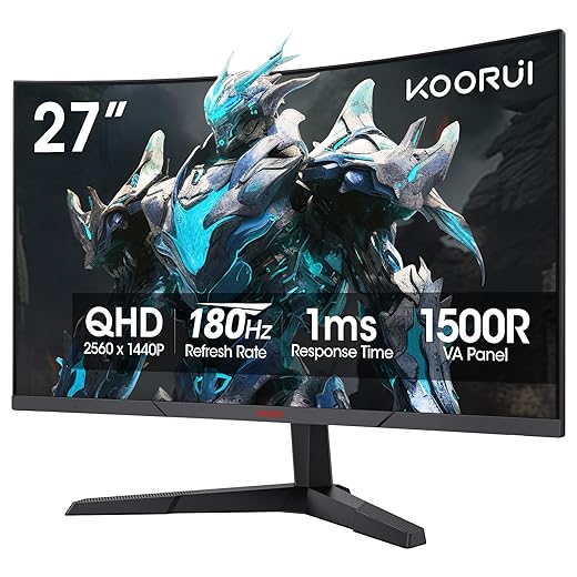 KOORUI 27 Inch Monitor, Fast VA Computer Gaming Monitor(2560 * 1440P, R1800, 144Hz, 1ms, DCI-P3 85%, DP+HDMI, Game Mode, Eye Protection, Rocker Button), Narrow Bezel on Three Sides