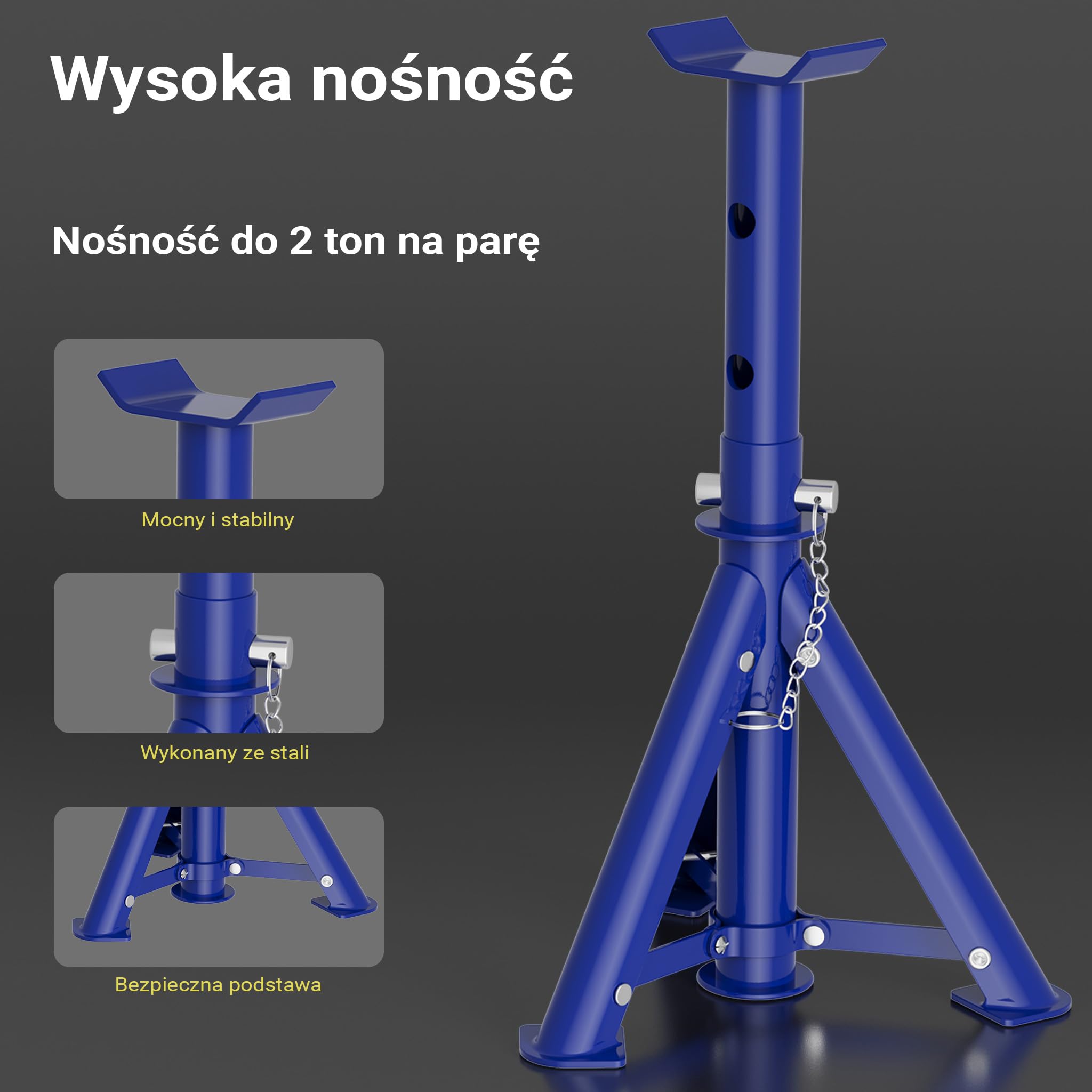Wiltec zestaw podnośnik + 2 podpory, udźwig do 2 t, wysokość podnoszenia podnośnika 135-335 mm, wysokość robocza podpór 270-365 mm, podpory składane
