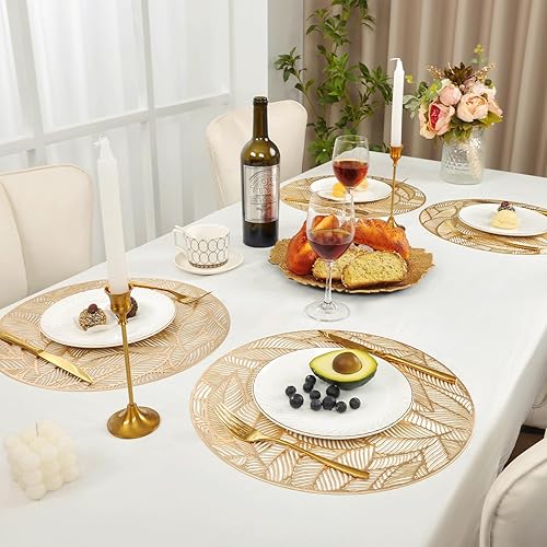 Miniatura 4 de U'Artlines Paquete de 12 manteles individuales redondos de vinilo prensado metálico, manteles individuales laminados con hojas laminadas,