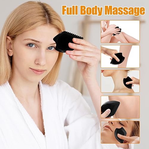 Miniatura 7 de Gua Sha Herramienta de masaje facial Masajeador facial y corporal de jade negro para el bienestar, relajación, masaje de cuello, hombros, espalda,