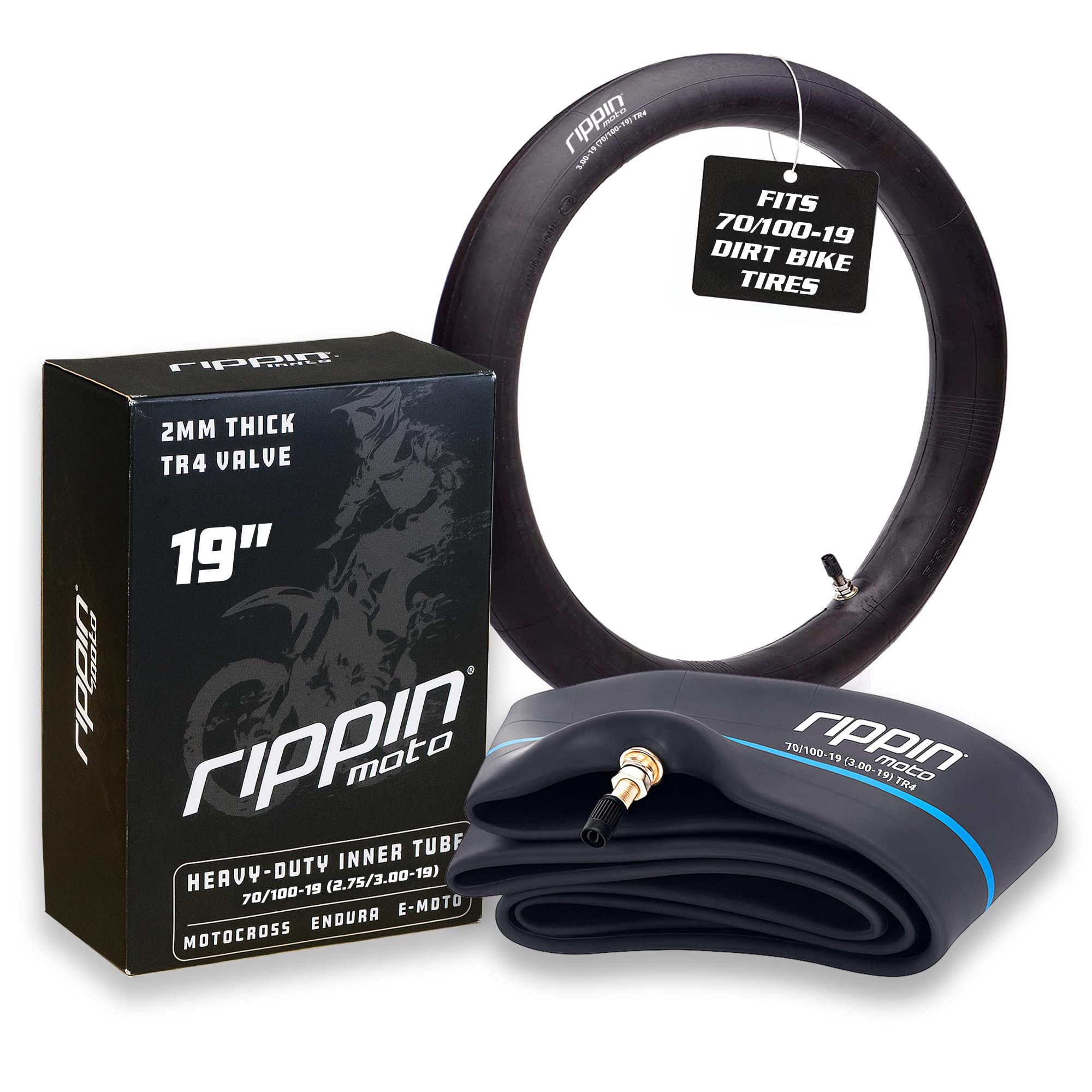 Rippin Moto 2.75/3.00-19 Heavy Duty Inner Tube (70/100-19) 2.5mm Thick - TR4 Valve - Fits Most 3.0-19 Motocross Tires, Surron Light Bee X, Talaria and Segway X160/X260