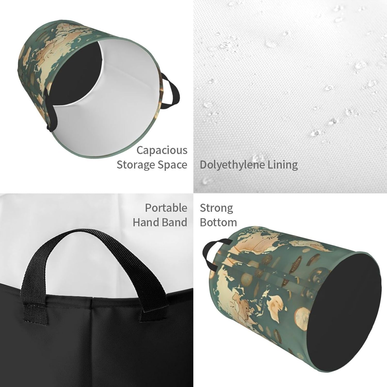 World Map Retro Print Round Laundry Hamper,Car Portable Storage Bag For Bathroom, Bedroom, Car image 4