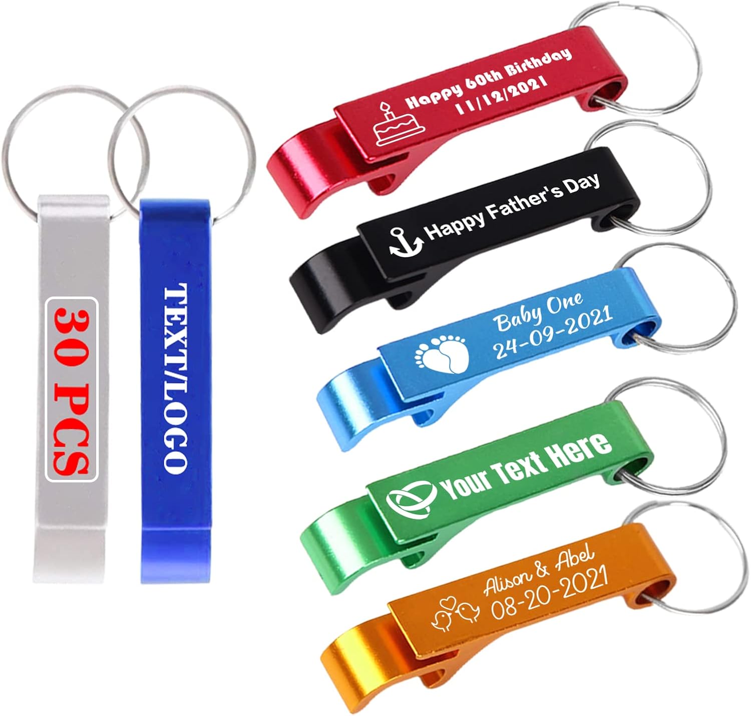 30PCS Personalized Custom Bottle Opener with Logo Text Engraved Bottle Opener Keychain Customized Beer Openers for Wedding Favors, Guessts, Baby Shower, Party, Dad Gift, Promote Business