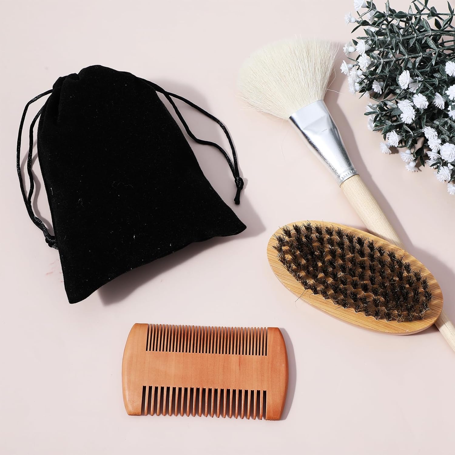 6 Sets Grooming Kit for Men - Natural Boar Bristle Brush, Pear Wood Dual-Sided Wide Tooth Comb, and Travel Pouch (Oval Shape) for Beard Care
