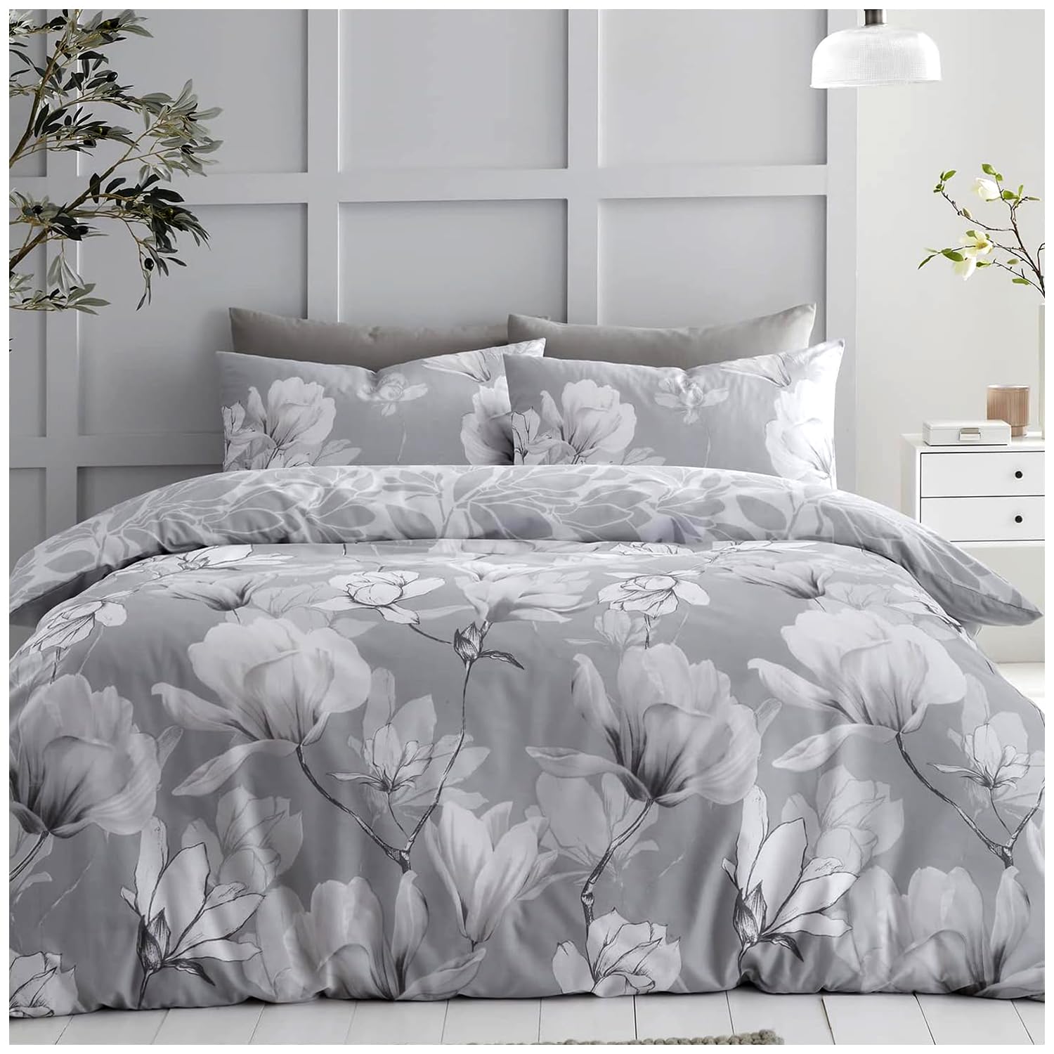 Gc Gaveno Cavailia Magnolia Dream Grey Botanicals King Size Duvet Breathable Soft Botanical Floral Printed Bedding Sets King Size With Matching Pillowcases, Grey
