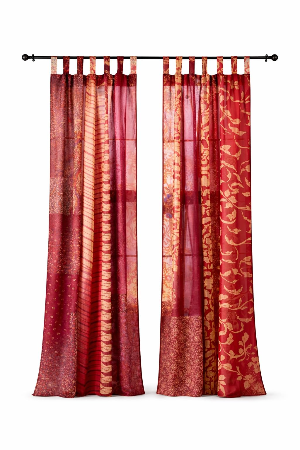 AFFERTO Home Decorative Silk Sari Curtains Unique Patchwork Design Light Filtering Window Panels for Living Room and Bedroom 84-inch Length (Red)