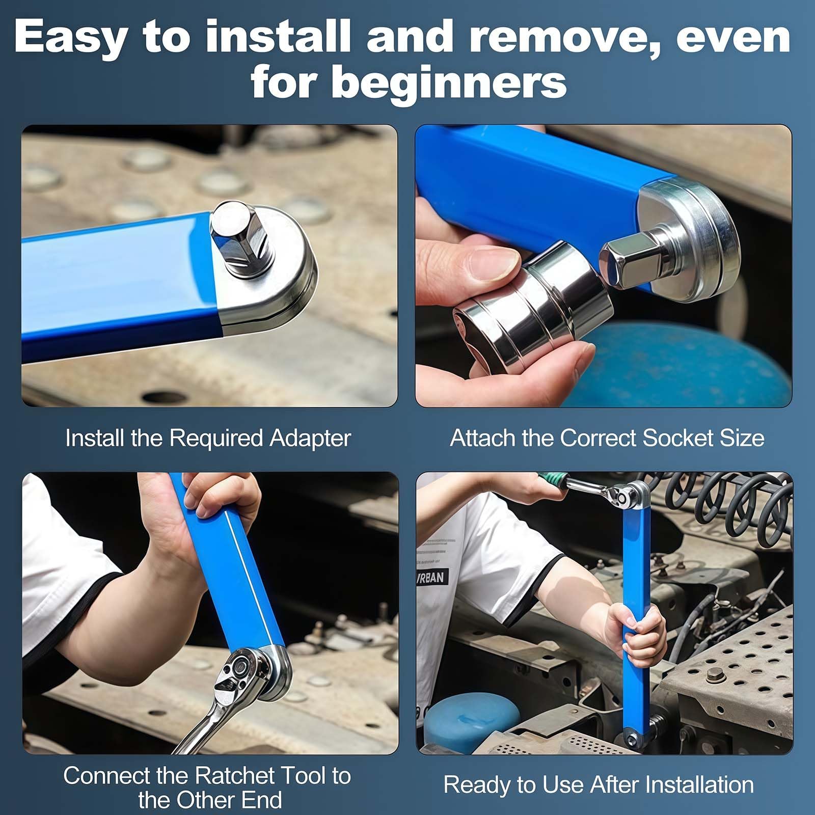 Extensión de Carraca de 39 cm con 4 Adaptadores de 1/4", 3/8" y 1/2", Barra de Extensión Offset Resistente a Impactos para Espacios Reducidos y Tornillos Atascados
