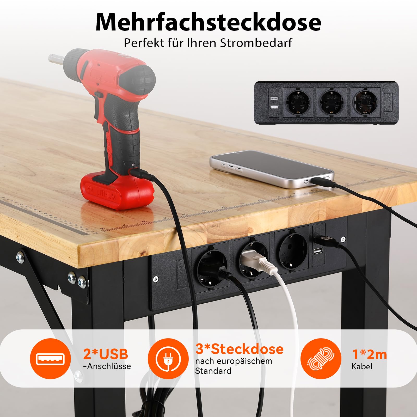 TLGREEN Schwerlast Werkbank aus Gummibaumholz, 122cm Arbeitstisch 5-stufig Verstellbare Höhen, Werktisch mit Steckdosen und Stecktafel, 907kg Tragkraft,15PCS Haken,Garagentisch für Werkstatt Büro Haus