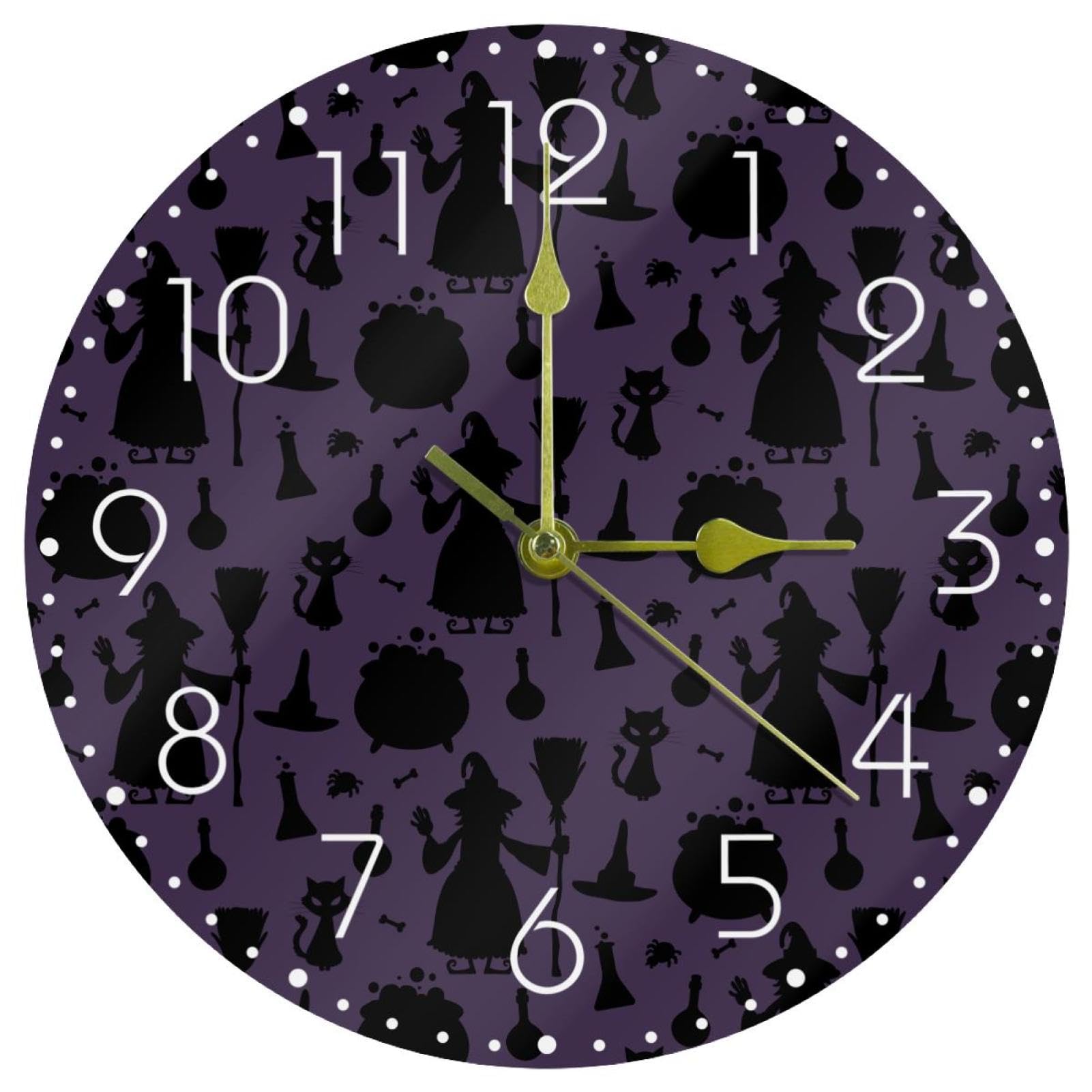 Horloge murale silencieuse 25,4 cm chat sorcière Halloween violette