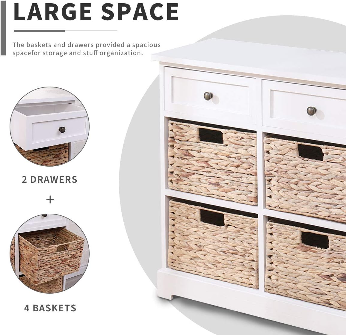 MELLCOM Storage Cabinet Retro Style Storage Chest with 2 Wood Drawers and 4 Removable Wicker Baskets Entryway Cabinet for Home,Kitchen,Living Room,White