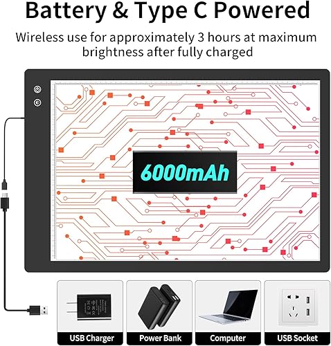 Miniatura 10 de TOHETO - Almohadilla de luz LED inalámbrica A4 con soporte innovador y clip superior, caja de luz recargable alimentada por batería, regulable, 6