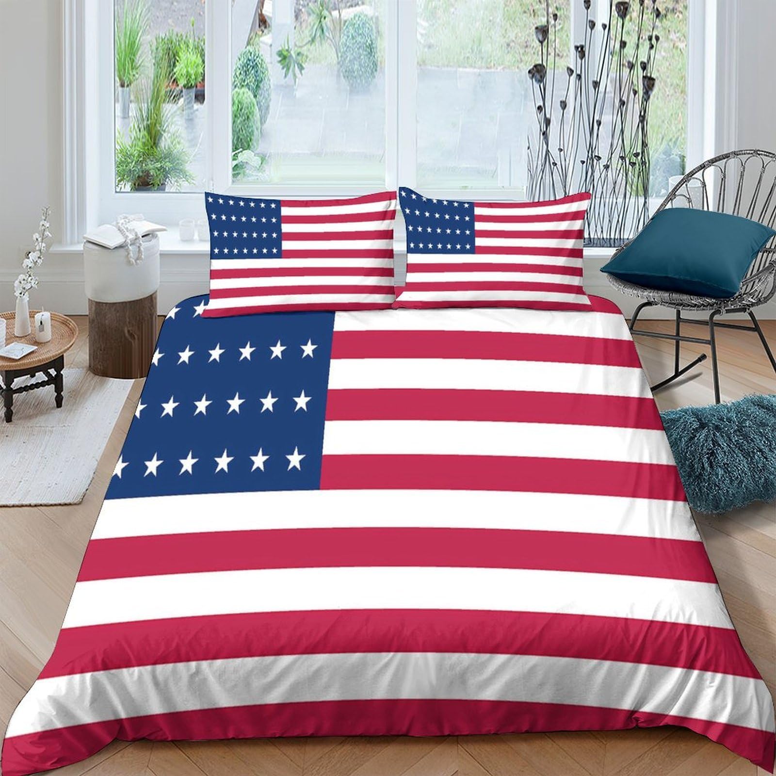 TUFRTGYHN 3D Printed American Flag Duvet Cover Microfiber Red White Blue Bedding Set with 2 Pillowcases for Bedroom Home Single（135x200cm）