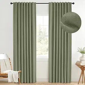 INOVADAY 100% Blackout Curtains 96 Inches Length 2 Panels Set, Back Tab/Rod Pocket Linen Black Out Curtains for Bedroom, Thermal Insulated Window Drapes - Light Sage, W50 X L96